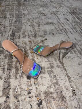Holographic Square-Toe Strappy Heels in Nude